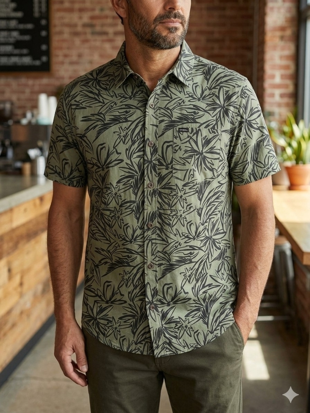 O'Neill Olive Green Short-Sleeve Tropical Button-Down Shirt